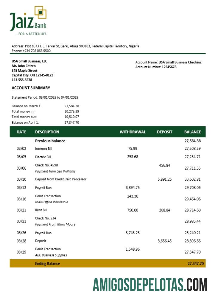 Extrato do Jaiz Business Bank em formato Word e PDF (1) modelo